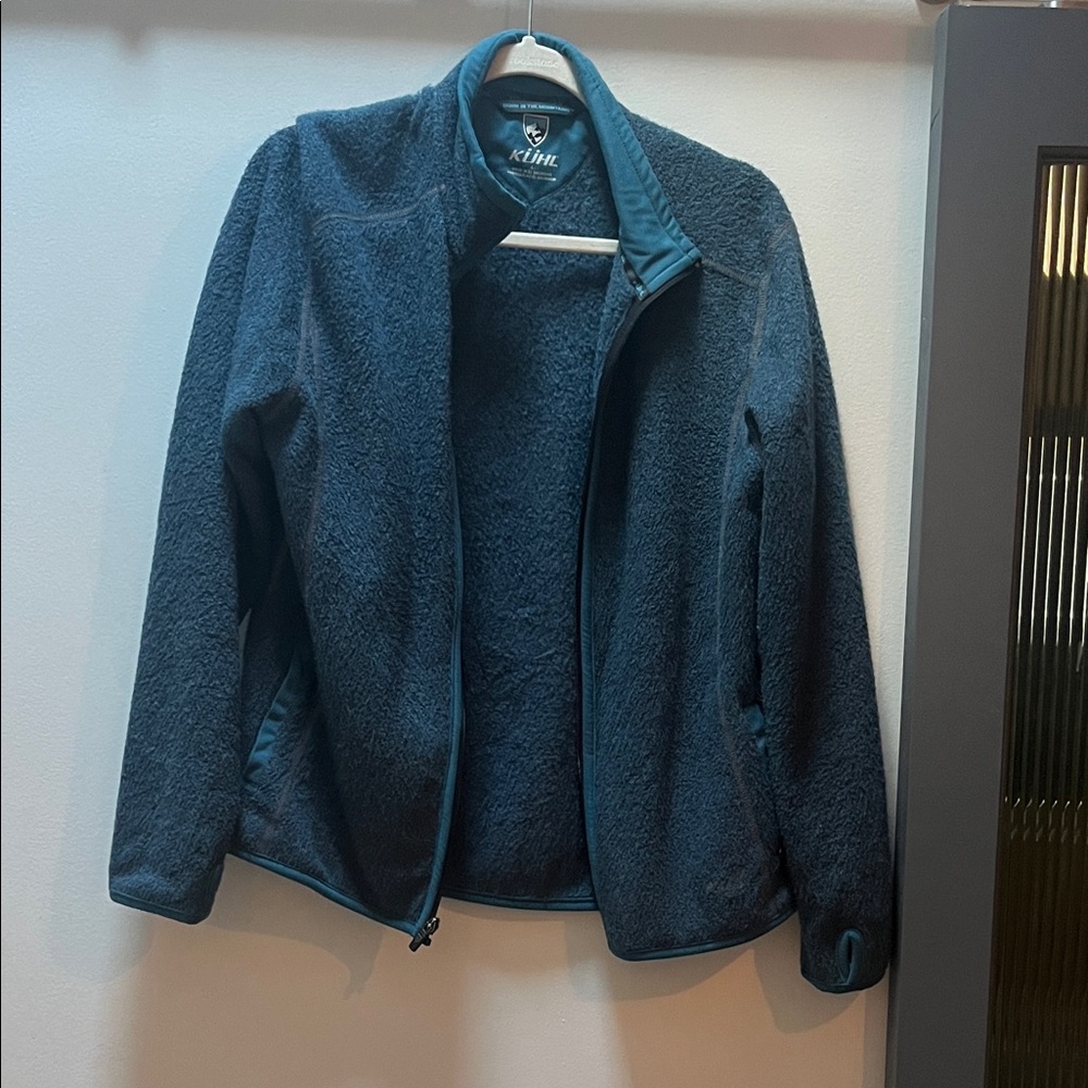 KUHL Womens Alfpaca Fleece Full Zip JACKET Blue Logo Thumb Holes Medium L
